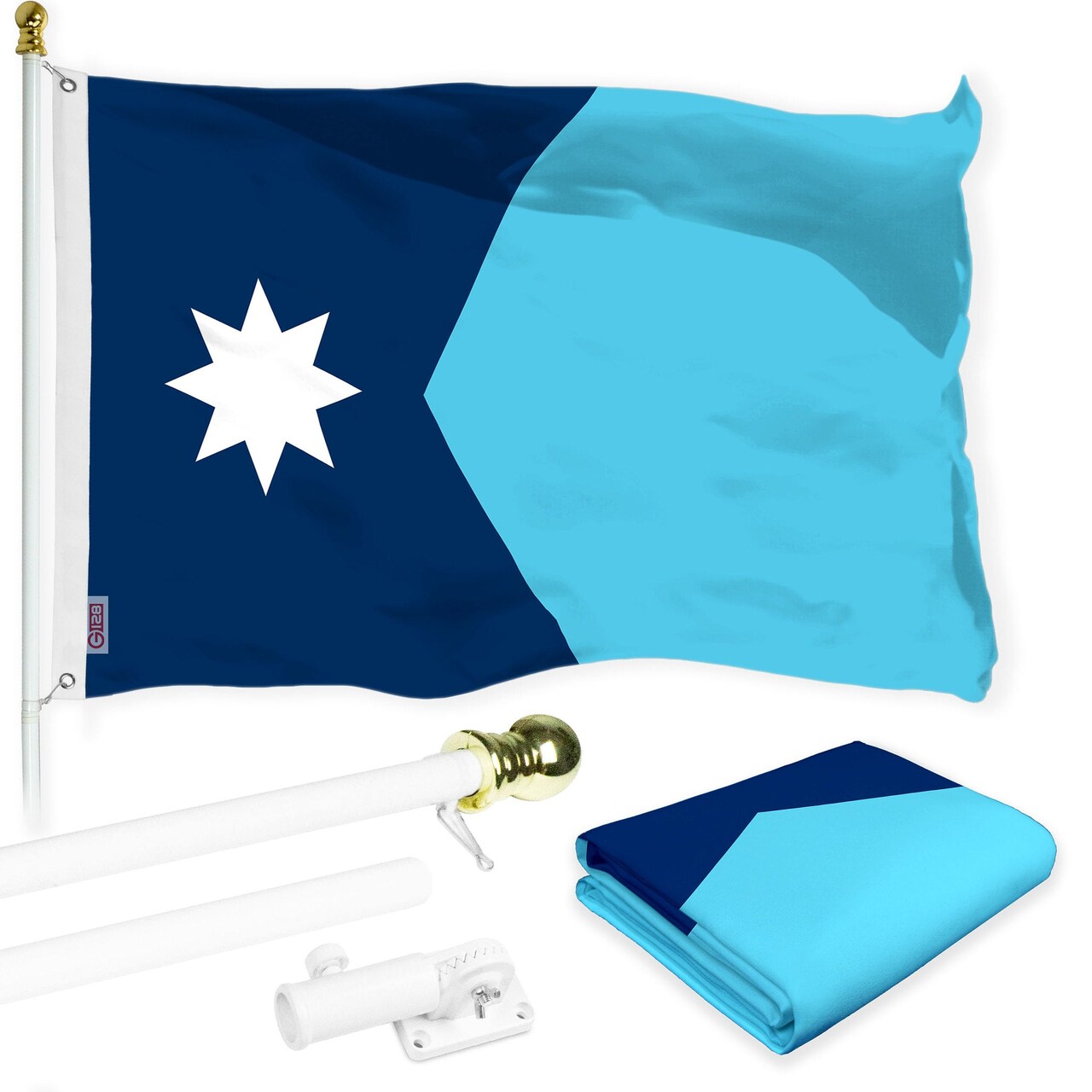 G128 Combo Pack: 6 Ft Tangle Free Aluminum Spinning Flagpole (White) & Minnesota New Version MN State Flag | 3x5 Ft | LiteWeave Pro Series Printed 150D Polyester | Pole with Flag Included